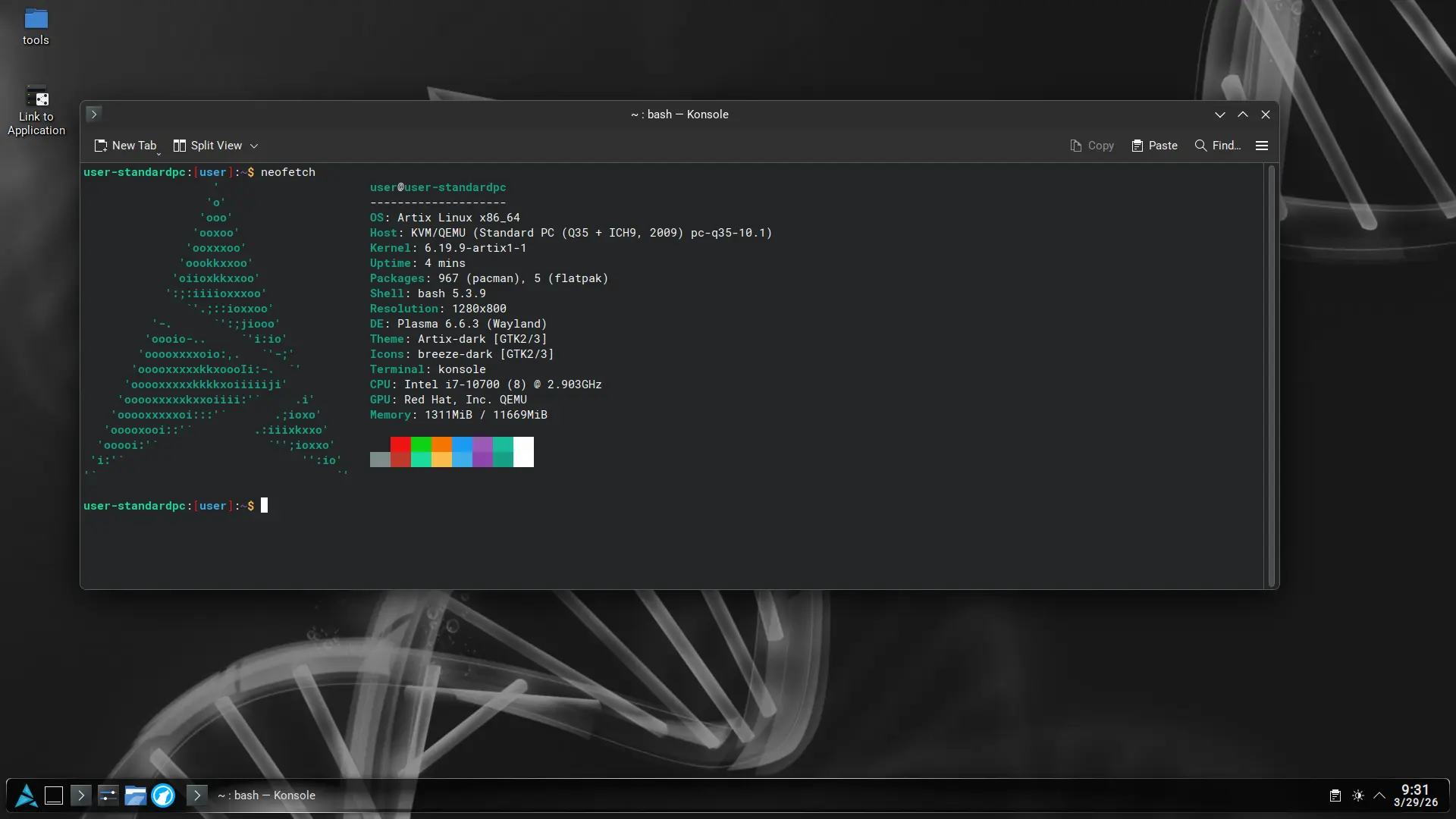 Installed Artix Linux Desktop (Virtual Machine envirment)